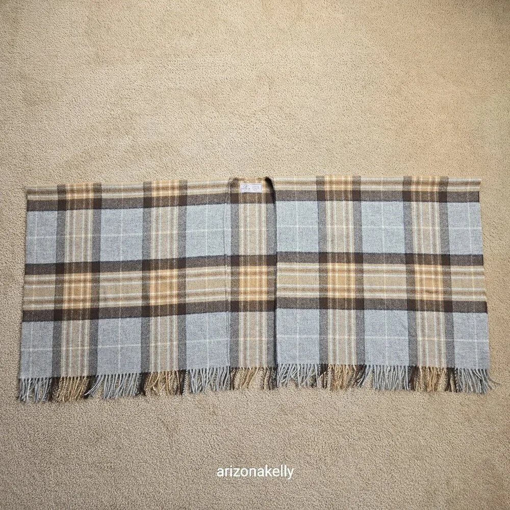 NWOT Bronte By Moon Merino Wool Wrap Plaid Tan Brown & Grey